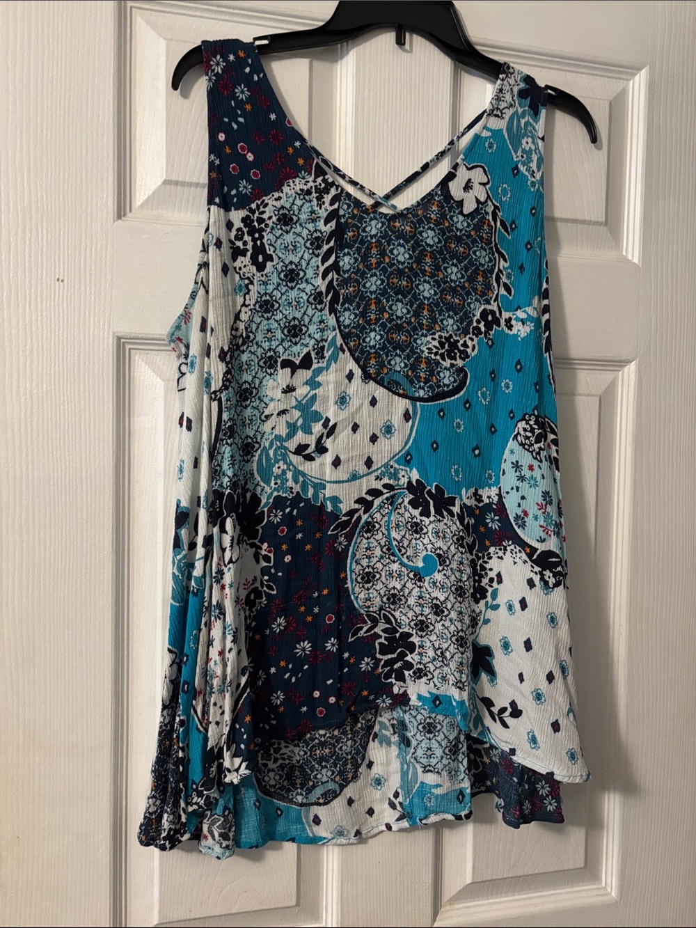 Lane Bryant Teal Navy White Patchwork Print Tank Top